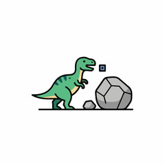 Green cartoon dinosaur examines gray stones on white background © TanzinaStock