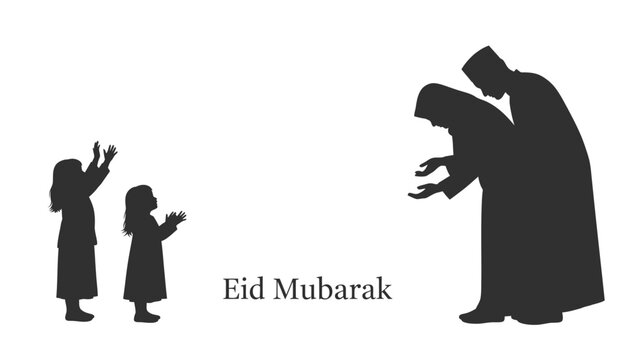 This refined black silhouette illustration represents a Muslim couple standing together in a calm and respectful pose during Eid Mubarak. The design reflects modesty, companionship, and emotional bala