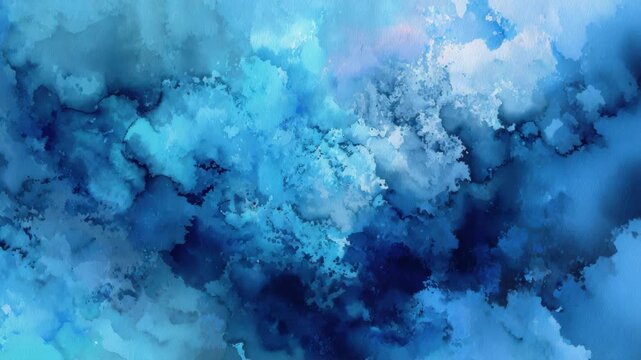 Abstract blue watercolor texture with layered indigo and teal cloud washes, fluid ocean ink diffusion, soft gradients and painterly brush strokes conveying calm depth and soothing atmospheric mood