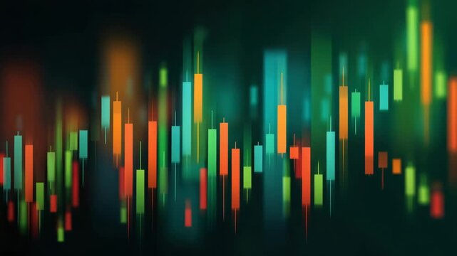 Colorful abstract financial candlestick chart visualization showing glowing green orange and teal bars conveying dynamic market movement energetic trading sentiment and modern investment analysis