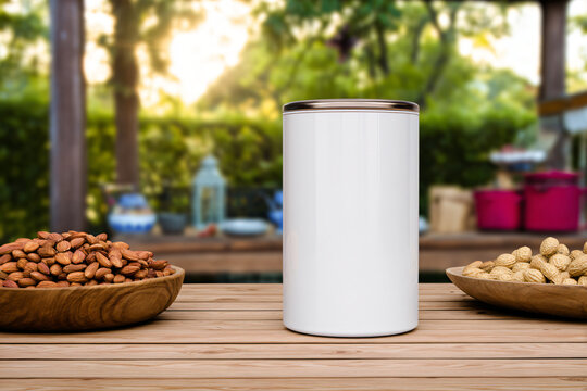 healthy food container mockup with blank label area, clean lifestyle food scene, natural daylight
