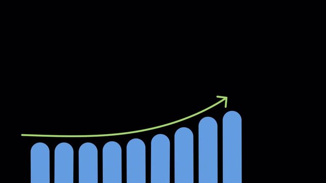 Bar chart animate increasing business income. Arrow cartoon animation show exponential wealth in alpha channel transparent background video.