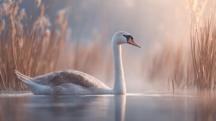 Fototapeta premium A graceful swan with elegant posture gliding peacefully on a still body of water surrounded by soft reeds.