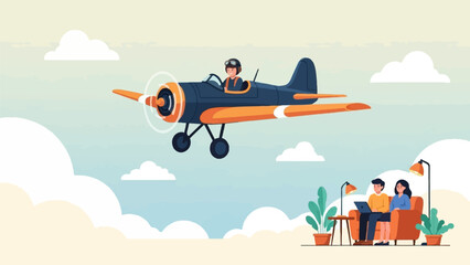 Retro airplane flies above people relaxing on couch with laptops