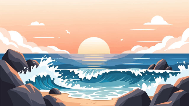 Pixel art ocean waves crash on rocky shore at sunset with birds flying