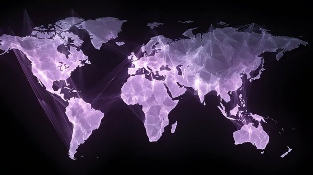 Abstract representation of a global network with purple light connections over a world map