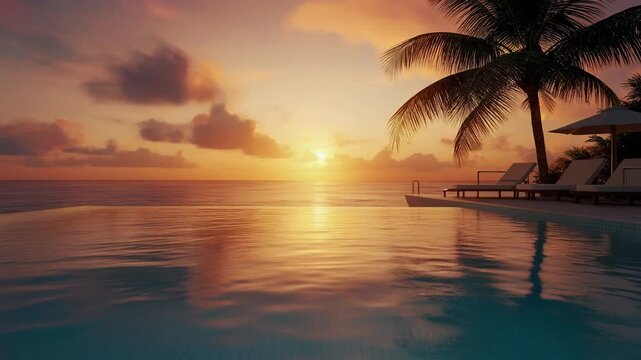Tropical luxury resort infinity pool overlooking ocean sunset with palm tree silhouette and lounge chairs