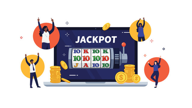 Diverse group of people celebrating a jackpot win on an online casino slot machine game displayed on a laptop screen.