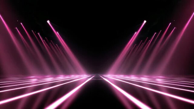 Pink stage spotlight beams and neon stage runway with converging pink laser lines and dramatic spotlights reflective floor creating futuristic concert theater spotlight beam runway atmosphere