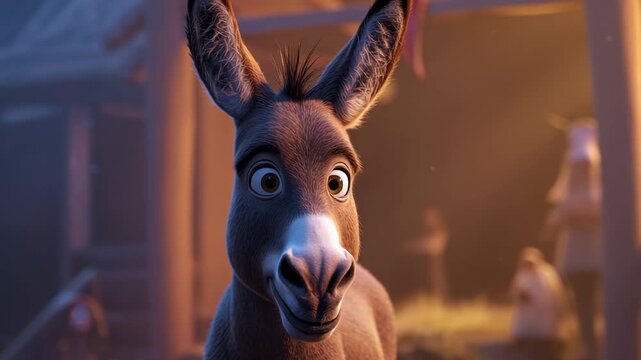 A Curious Donkey's Gaze: An adorable donkey, with wide, expressive eyes, gazes directly at the viewer, its playful curiosity igniting a sense of wonder. 