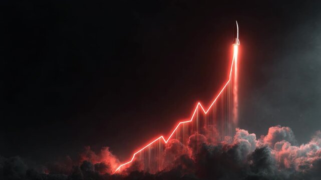Neon red line graph rises through smoky clouds to rocket launch&mdash;futuristic ascent and growth signaling success with glowing neon smoke and dynamic cloud lit trajectory
