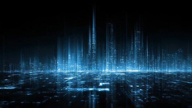 Futuristic city grid digital skyline blue light pillar glowing data floor cyber metropolis night scene abstract technology neon reflection vertical light beam virtual architecture illuminated