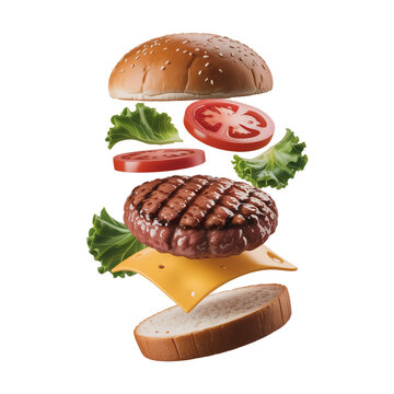 Exploded view of gourmet beef burger with flying fresh ingredients and cheese