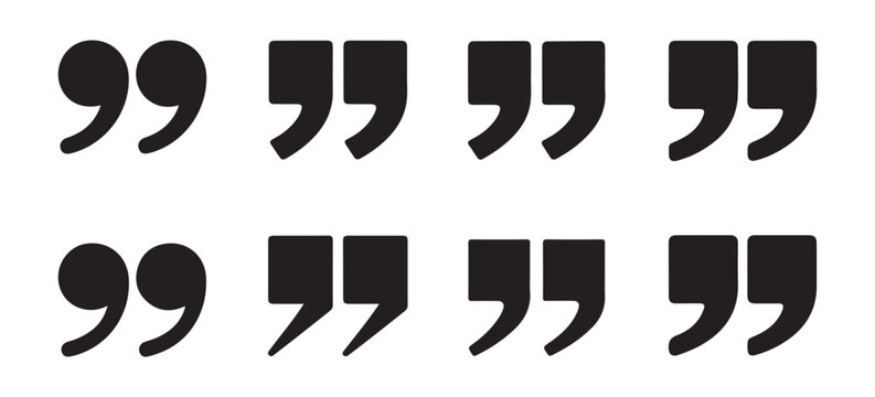 Collection of black quotation marks vector set, varied styles including curved and blocky designs for text emphasis