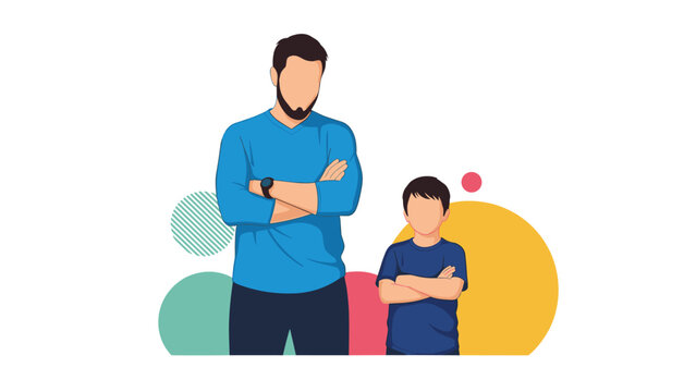 Father and son standing together with arms crossed, a simple illustration depicting family bonds, mentorship, and parenthood.