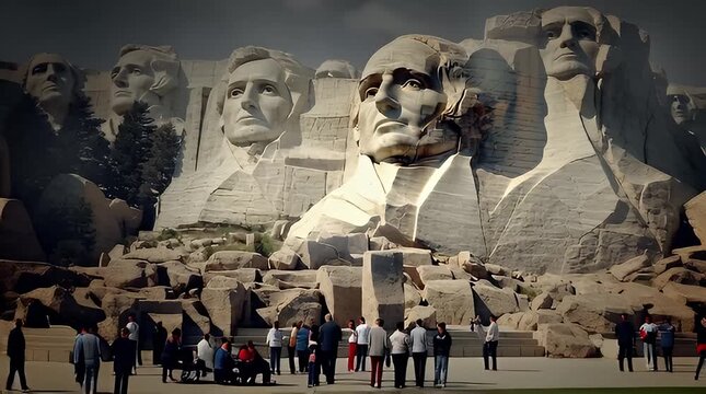 Tourists gather in front of the iconic Mount Rushmore monument on a President's Day celebration in America, featuring large sculptures of US presidents.