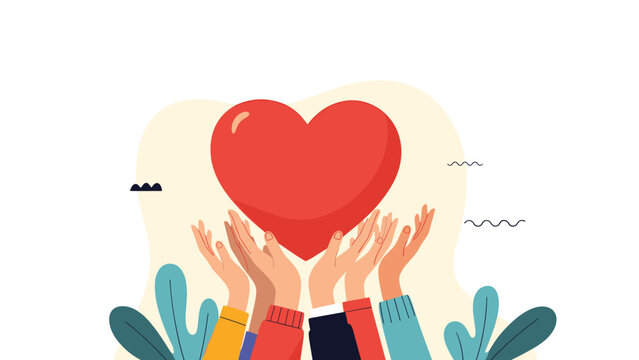 Many diverse hands holding up a large red heart, symbolizing love, charity, donation, and community support and togetherness.