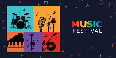 Colorful Music Festival Poster with Musical Instrument Silhouettes Microphones Drums Piano Guitar and Trumpet Icons for Concert Events and Live Performance Promotions © Selim Studio