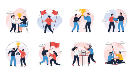 Naklejka premium Set of eight vector illustrations depicting people celebrating victory and success with trophies, flags, and champagne toasts.
