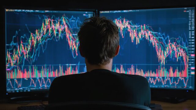 Trader watching multiple colorful stock chart monitors with trading analysis dual monitor setup, finance investment market graph and data for focused monitoring of volatile candlestick patterns
