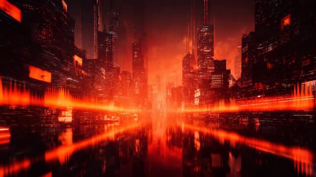 Neon red futuristic cityscape night with reflective water and glowing light trails, towering skyscraper skyline silhouettes creating dramatic cyberpunk atmosphere and motion blur, intense nightscape