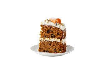 a piece of carrot cake topped with frosting against a white backdrop