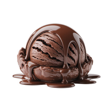 Rich chocolate ice cream scoop with melted sauce pouring over top