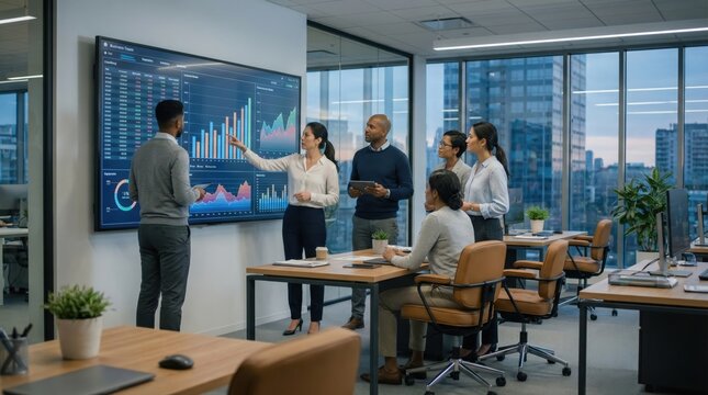 Diverse business team analyzing data on large screen in modern office