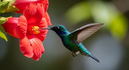 Obraz premium Vibrant hummingbird sips nectar from bright red flower in lush garden setting