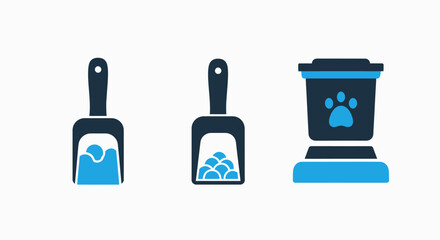 Obraz premium Pet care icons featuring a scoop for litter or food, and an automatic pet feeder with a paw print.