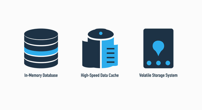 Icons for in-memory databases, high-speed data cache, and volatile storage systems for fast data access.