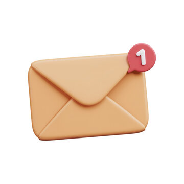 Three dimensional envelope icon with red notification bubble and number one showing new email message on transparent background