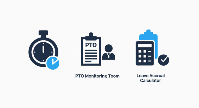 Time and HR management icons: stopwatch, PTO tracking form, and leave accrual calculator.