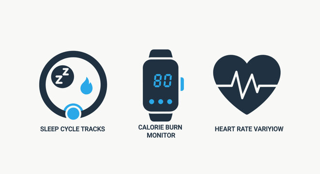 Health and fitness icons featuring sleep tracking, calorie burn monitoring, and heart rate variability for wellness and activity tracking.
