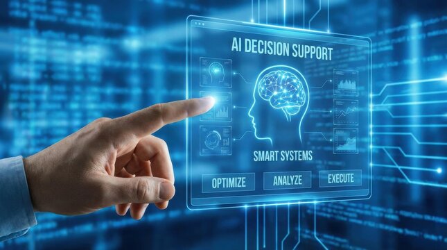 Businessman interacting with AI decision support system on futuristic interface