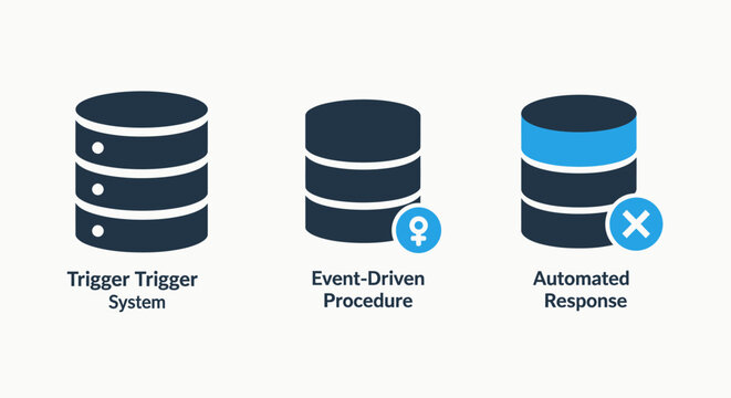 Database icons representing a trigger system, event-driven procedures, and automated responses for efficient data management.