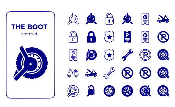 The Boot Wheel-Clamp Denver-Boot Parking-Violation Vehicle-Immobilization Tire-Lock Enforcement-Device Yellow-Clamp Vector Icon Set - Wheel Boot
