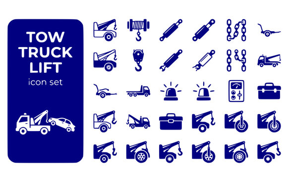 Tow Truck Lift Stinger-Arm Front-Wheels Vehicle-Towing Wheel-Lift Towing-Equipment Truck-Arm Vector Icon Set - Tow Lift