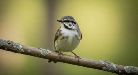 A small bird perched on a branch with moss, set against a blurred green background.