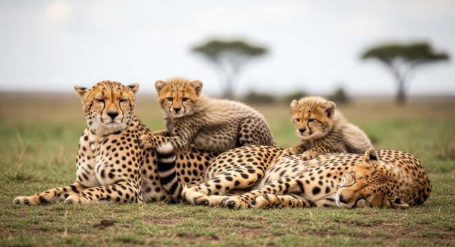 Three cheetahs resting on a grassy plain with trees in the background.