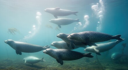 Obraz premium Underwater scene with a group of harbor seals swimming in a natural habitat.