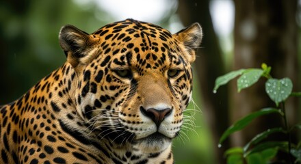 A close-up of a jaguar's face in a natural, forested environment.