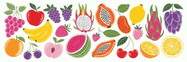 Summer Colorful Tropical and Fresh Fruit Illustration Set with Apple, Banana, Citrus, Berries, Mango, Papaya, Grapes and Exotic Fruits, Hand Drawn Style for Food, Market, Menu and Packaging Design © RIOTOO