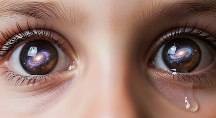 Child s eyes reflecting galaxies with a tear