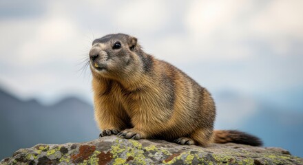 Fototapeta premium A groundhog sits on a rock with a mountainous backdrop.