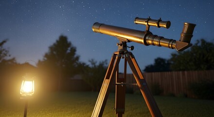Vintage telescope in backyard under starry night sky