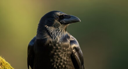 Naklejka premium A close-up of a raven perched on a mossy surface, with a blurred green background suggesting a natural, outdoor setting.