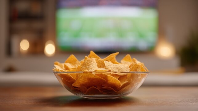 Glass bowl filled with tortilla chips on a coffee table, blurred TV displaying an American football game in a cozy living room setting