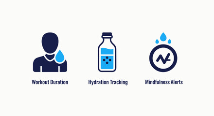 Fitness Tracker Icons: Workout Duration, Hydration Tracking, Mindfulness Alerts for Health Monitoring and Wellness App