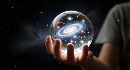 Hand holding galaxy in crystal ball